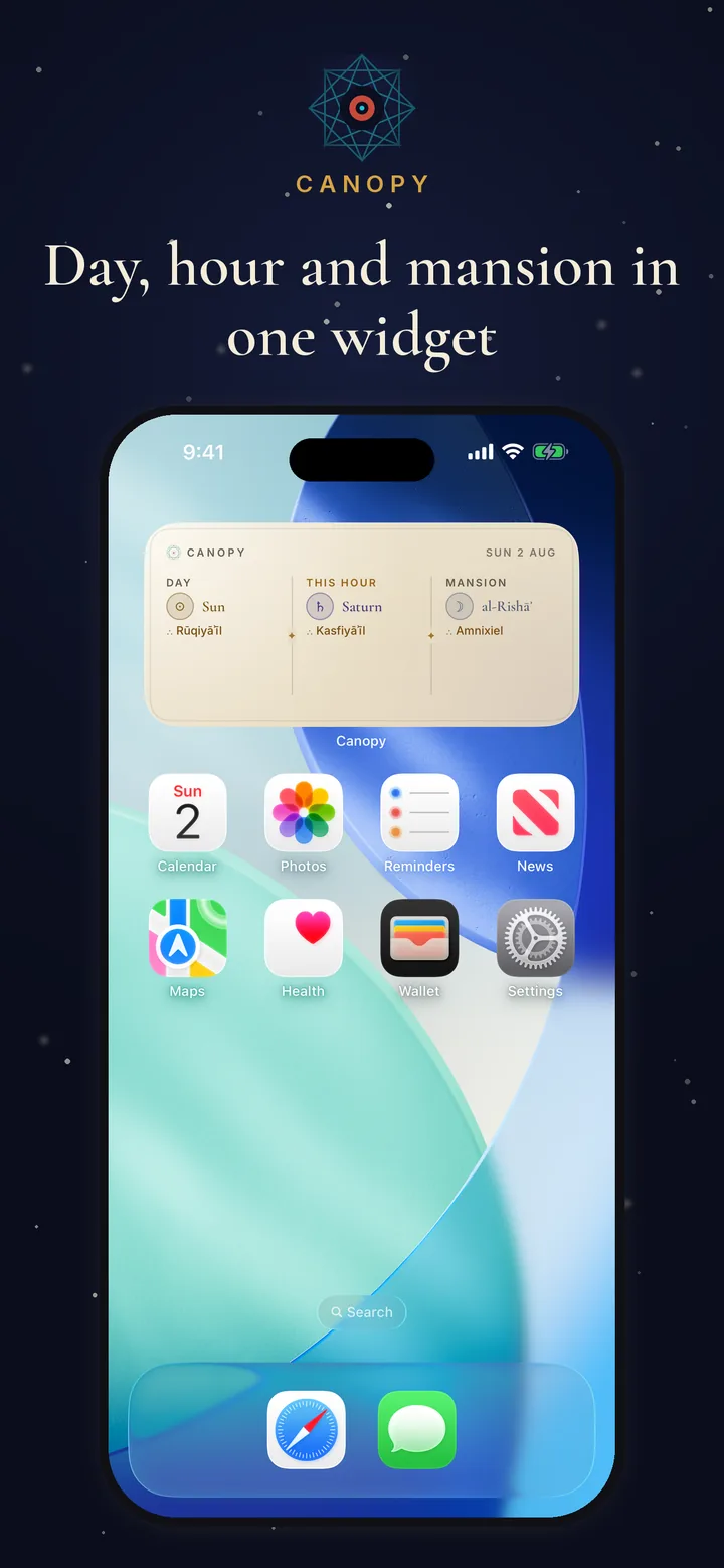 Canopy widget — day, hour, and mansion at a glance